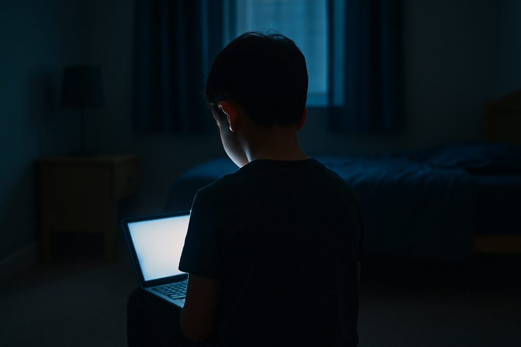 Un enfant assis seul dans sa chambre sombre, éclairé par la lumière bleue d’une tablette. Image symbolisant l’exposition précoce des jeunes aux dangers du numérique et de la pornographie en ligne.